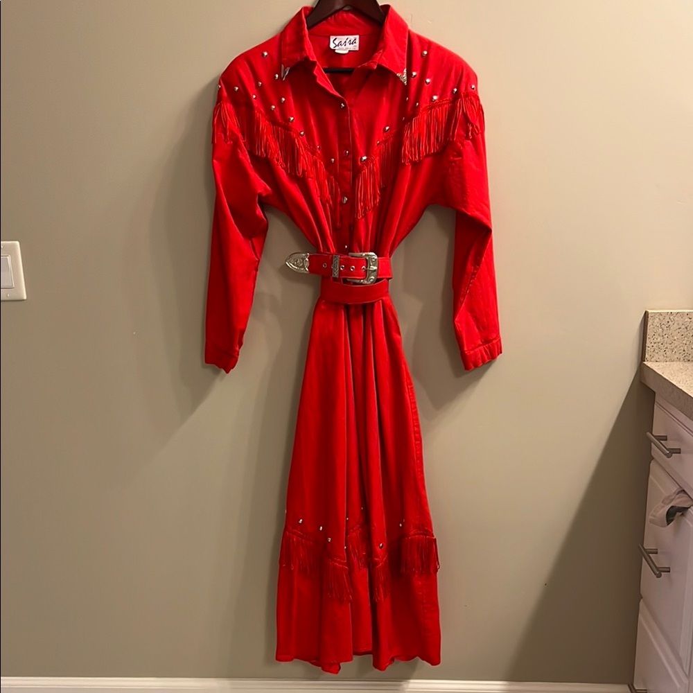 Vintage Red Western Dress with Belt
